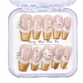 LIFOOST Press on Nails French Tips Long Coffin Fake Nails with Cute Cat Charms Stick on Nails Full Cover False Nails for Women and Girls (Cat Eye Silver)