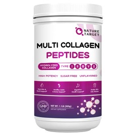 NATURE TARGET Multi Collagen Peptides Powder, 50 Servings - Type I, II, III, V, X - Hydrolyzed Collagen Peptides with Vitamin C Hyaluronic Acid, Supports Skin Hair Nail & Joint