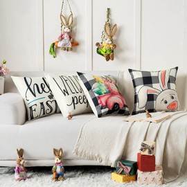 Volcanics Set of 4 Easter Pillow Covers 20x20 Inch, Hello Easter Buffalo Plaid Bunny Eggs Throw Pillow Covers, Welcome Peeps Spring Cushion Cases, Farmhouse Easter Home Decor for Sofa Couch