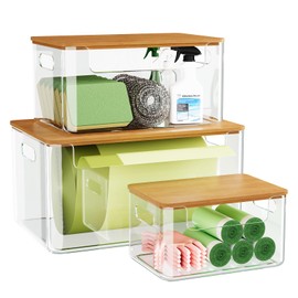 MIXISAV 3 Pack Trash Bag Holder Dispenser with Lid, Extra Large Stackable Plastic Garbage Bag Holder Dispenser Under Sink for Kitchen, Pantry, Laundry Room, Cabinet Organizer and Storage