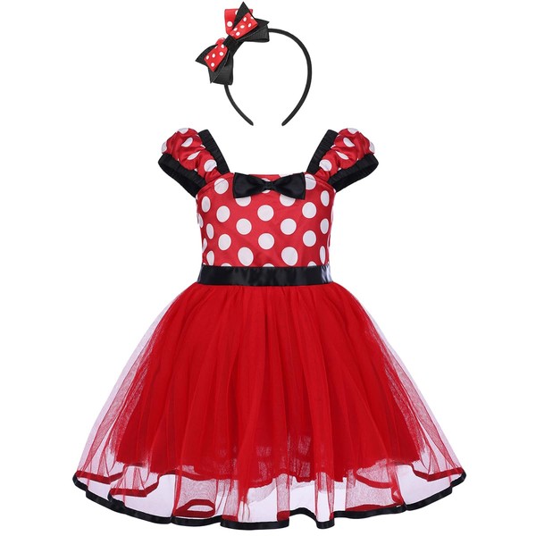 Toddler Girls Polka Dots Princess Party Fancy Costumes Birthday Flower Tutu Dress Up Baby Infant Kids Bowknot Dancing Leotard Carnival Gymnastic Cosplay Dresses Mouse Ear Headband Red (02) 2-3 Years