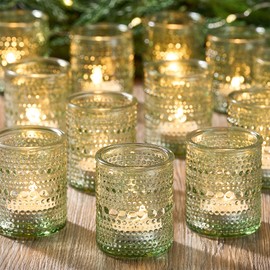 24 Pack Clear Glass Votive Candle Holders, Vintage Candle Holder for Floating Candle, Tealight Candle Holder for Table Centerpieces Home Bridal Shower Birthday Christmas Table Decoration (Green)