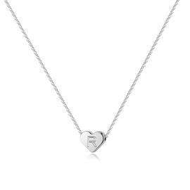 Mieoyue S925 Silver Tiny Heart Initial Necklace,18" Letter Choker Necklace Fine Letter Jewelry for Women (R, Silver)