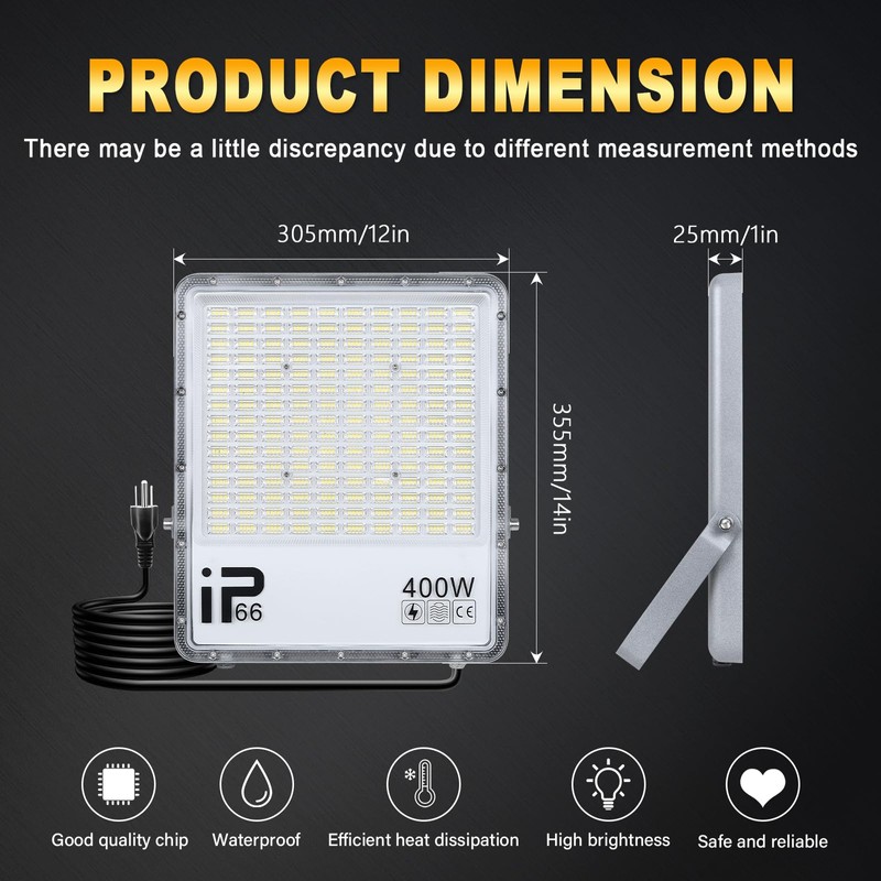 Willpower 400W Flood Lights Outdoor,40000LM Bright Floodlight with Plug 110V