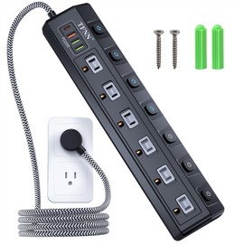 Power Strip with USB Ports,5FT Total 70W 4 USB Charging Station,USB-C(PD 20W) 3USB-A(QC20W*1,5V3A*2),Individually Switchable 1875W Extension Cord with 6 Outlets,Overload Protection