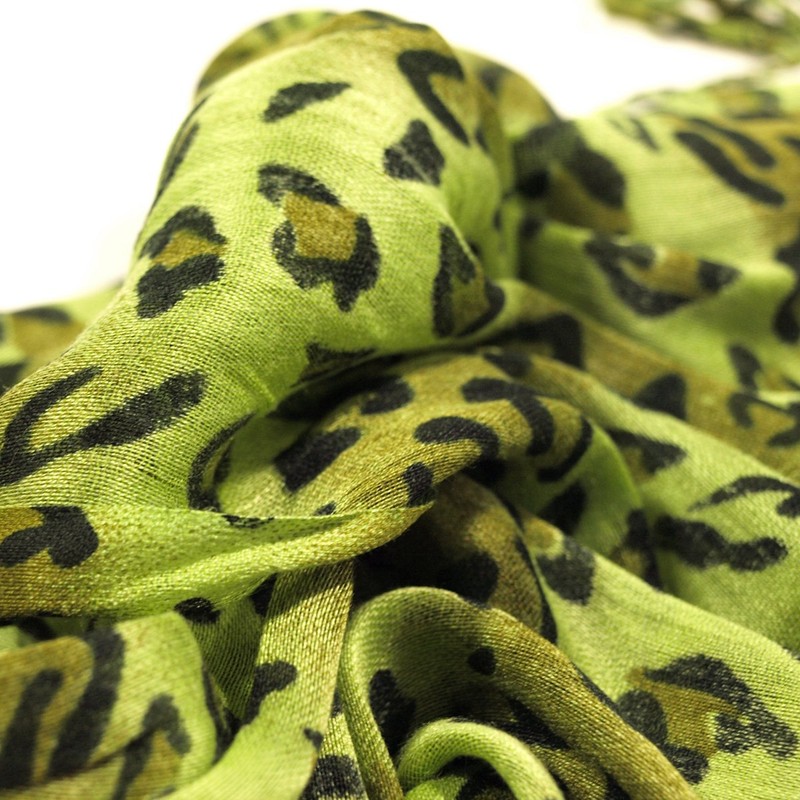 TrendsBlue Elegant Leopard Animal Print Scarf with Fringe, Olive Green