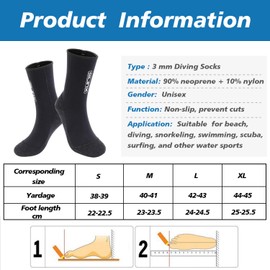 QKURT Neoprene Socks, 3 mm Diving Socks for Women Men, Non-Slip Socks for Diving, Snorkelling, Swimming, Surfing, Sailing, Kayaking, black