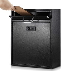 Yaocom Wall Mount Mailbox with Combination Lock Large Locking Security Mailbox for Outside Secured Mail Drop Lockable Hanging Metal Postbox Collection Box(Black,12 x 10.5 x 4.7 Inches)