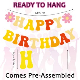 Pre-Strung Happy Birthday Banner w/Flower,Birthday Party Decorations,Groovy Birthday Decor. Did we mention no DIY?