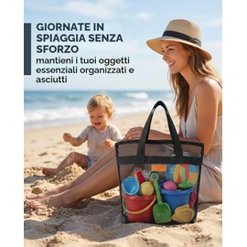 LOZTBUE borsa da spiaggia in rete per giocattoli sabbia via borsa con cerniera per bambino piscina viaggio Sandy scarpe Wet asciugamani (nero)