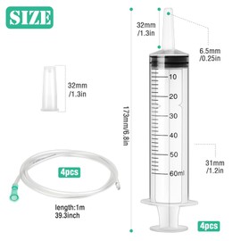 Pack of 4 Syringes, 60 ml, Plastic Syringe with Hose, Reusable Colostrum Syringe, Individually Sealed Packaging, for Laboratory, Animal Feeding, Plant Watering, Measuring Liquids