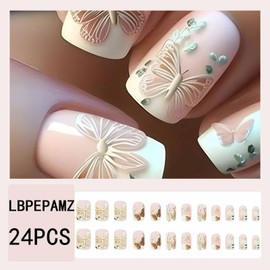 LBPEPAMZ 24Pcs Butterfly Press on Nails Short Square Fake Nails White French Tips Acrylic False Nails Colorful Butterflies Full Cover Stick on Nails Pink Solid Color Glossy Glue on Nails for Women