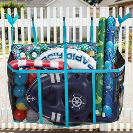 AURASUN 61" L x 25" W Poolside Hanging Pouch for Fence & Deck - Extra Large Mesh Pool Storage Bag for Floats, Inflatable Toys - Outdoor Swimming Ring Organizer with Side Pocket