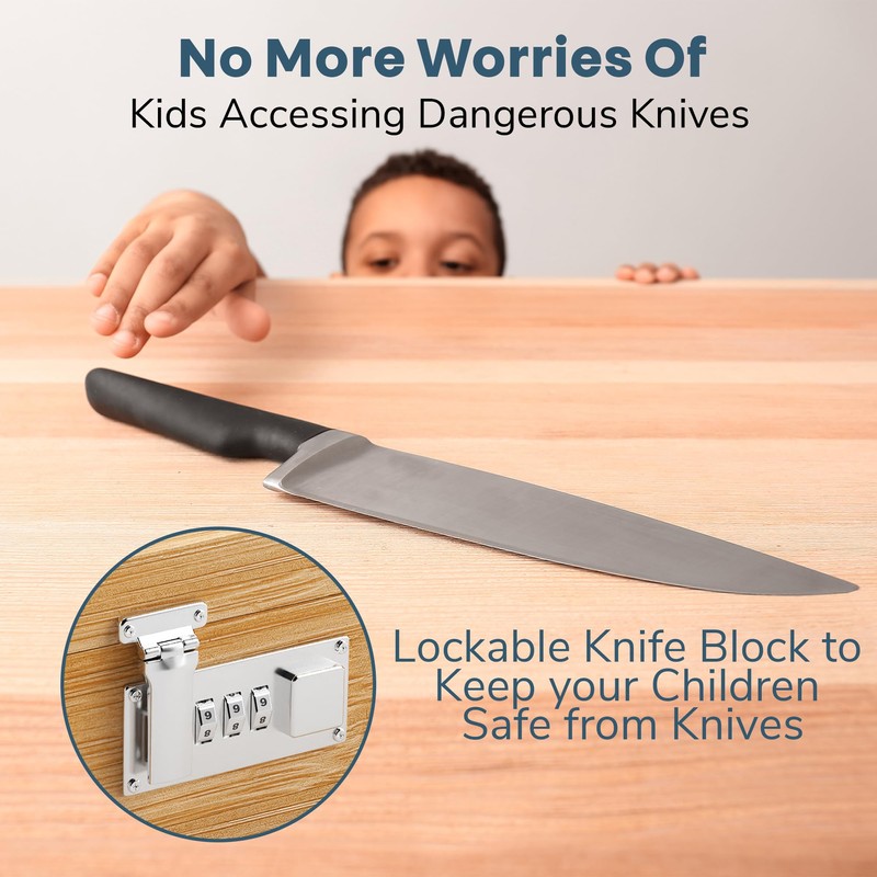 Upgraded Combination Lock Bamboo Locking Kitchen Knife Storage – Secure