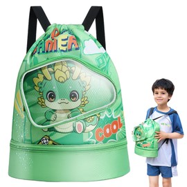 Kids' Waterproof Swim Bag - Adjustable Shoulder Straps, Wet & Dry Storage Backpack - Perfect for Pool and Beach Activities (Green - baby dragon)