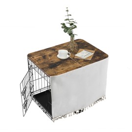 VIE DE AMAN Dog Crate Topper Wood for 24 30 36 42 48 inch Cages, Dog Crate Table Topper Foldable Dog Kennel Topper with Tassel Curtain, Rustic Style Dog Crate Top Rustic Brown(Dog Crate Not Include)