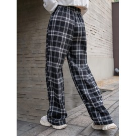 Floerns Women's Plaid Print Elastic Waist Sleepwear Pajama Bottom Pant Black White Tartan Small