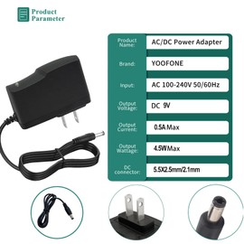 9V Guitar Pedal Power Supply 9V 0.5A Power Supply Adapter 100-240V AC to DC 5FT Cord Center Positive with 5.5x2.5mm/2.1mm Plug and Positive Negative Conversion Cord