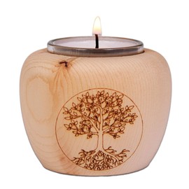 Dekobox Mia Tea Light Holder Pine Wood with Tree of Life Laser Motif H7 x D7 cm