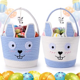Zopeal 2 Pcs Blue Easter Baskets Woven Rope Bunny Gifts Basket with Ears Large Empty Egg Storage Basket for Easter Party, 9.8 x 7.8 x 7.8 Inch