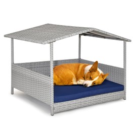 Tangkula Wicker Dog House, Indoor Outdoor Raised Rattan Dog Bed w/Removable Cushion, Washable Cover, Weatherproof Roof, Rattan Puppy Shelter w/Elevated Floor for Small Medium Dogs (Grey & Navy)