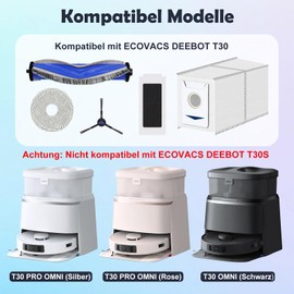 Spofan T30 Zubeh?r Ersatz Kompatibel f1r ECOVACS DEEBOT T30 PRO OMNI / T30 OMNI Saugroboter, 1 Hauptb1rste, 4 Filter, 4 Seitenb1rsten, 4 Mopp Wischt1cher, 4 Antibakterielle Staubbeutel, 1 Reinigungsb1rste