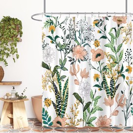 BayNook Long Shower Curtain 72 x 78 Inch, Tall Boho Floral Shower Curtain for Bathroom, Tropical Leaves Flower Plant Cute Fabric Shower Curtain Set with Hooks, White