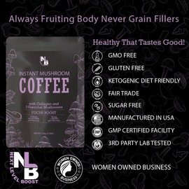 Focus Boost Organic mushroom Instant Coffee - 10 x 9g Packets - Healthy Coffee alternative and Substitute - With Dynamine, Collagen, Lions Mane and Antioxidant