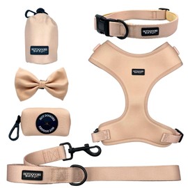 Hot Doggies Dog Walking Bundle Set. 6 COLOURS AVAILABLE. INCLUDES Harness, Lead, Collar, Treat Bag, Poo Bag Holder, Bow Tie (XX-Small, Ecru)