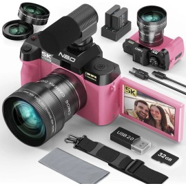 NBD Digital Camera 5K 48MP 16X Autofocus Video Camera W/Wide Angle & Macro Lens Pink