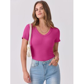ANRABESS Women Short Sleeve V Neck Ribbed Knit Fitted Shirts Basic Tees Tops 2025 Summer Casual T-Shirts Going Out Outfits Hot Pink Large