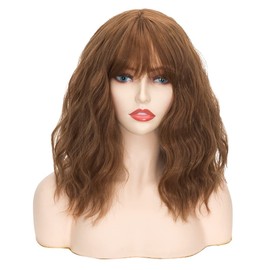 FVCENT Shoulder Length Short Curly Full Bang Women Wavy Bob Wig Pink (Peru)