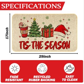 Christmas Doormat Tis The Season Door mat Xma Welcome Indoor Outdoor Entrance Mat Bathroom Non-Slip Rubber Backed Greeting New Year's Eve Party Decorations 17 X 29 Inches