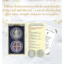 Saint Benedict Holy Card - Italian St Benedict Medal Pocket Token, The Lord's Prayer - Laminated St Benedict Prayer Card - St Benedict Card, Catholic Coin - St Benedict of Nursia Themed Set - 3 Items