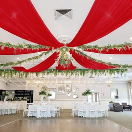 ROMANKAS Ceiling Draping Fabric Red Ceiling Drapes for Weddings 5x20ft 2 Panels Tent Drapes for Wedding Arch Ceilings Draping Curtains for Wedding Ceremony Prom Stage Decor Party Ceilings Draping