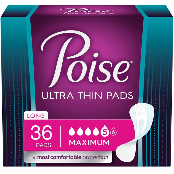 Poise Ultra Thin Incontinence Bladder Leakage & Postpartum Pads for Women, Maximum Absorbency, Long Length, Small, 36 Count