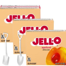 Jell-∅ Gelatin Dessert Mix - 3 oz Boxes (Pack of 3) - With Candy Freezer Mini Shovel Spoons (Apricots) - Metal Spoons