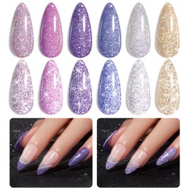 Beetles Reflective Glitter Gel Nail Polish, 6 Colors Holographic Gel Polish Kit Sparkle Glitter Pink Gel Flash Dimond Sliver Gold Soak Off UV LED White Manicure Kit Gift for Her
