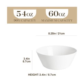 MALACASA Salad Bowl, 60 OZ Large Soup Bowls Serving Bowls, Porcelain Salad Bowls Set of 4, White Bowls for Kitchen, Ceramic Bowls for Ramen, Pasta and Pho, Microwave & Dishwasher Safe, Series Regular