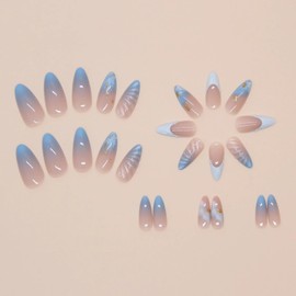 BABALAL Press on Nails Almond Medium Fake Nails Blue French Tip Glue on Nails 3D Texture Design Bling Acrylic Nails 24Pcs Handmade Manicure Stick on False Nails