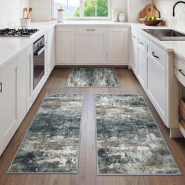 GENIMO Kitchen Rugs Sets of 3 Non Slip Washable Kitchen Mats for Floor, Waterproof Abstract Kitchen Runner Rug, Floor Mat Carpet for Hallway, Sink, Laundry, Entryway, Bathroom, Black&Brown