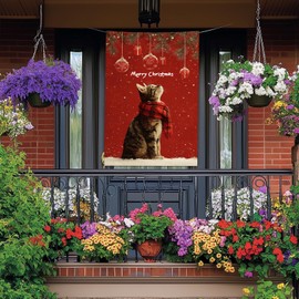 BlissYard Merry Christmas Garden Flag Tabby Cat Flags Red Scarf Ornaments Snow Scene 28 x 40 Inch Double Sided Large Yard Banners for Cat Lovers Porch Home Outdoor Winter Holiday Pet Decor