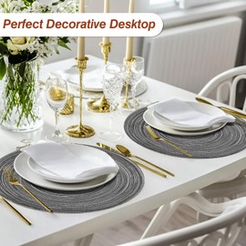 HEYOMART Round Placemats and Coasters Set of 6, 34cm Round Braided Woven Place Mats Washable Table Mats and Coasters Sets Heat Resistant Table Mats for Kitchen Dining Table Home Restaurant, Grey
