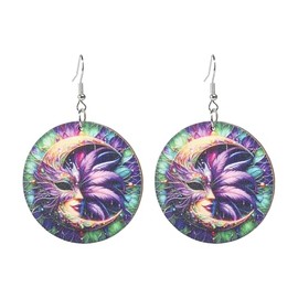 Mardi Gras Round Earrings for Women Boho Wooden Carnival Dangle Earrings Mask Crown Peacock Feather Cosplay Party Jewelry Gifts (Queen Feather)