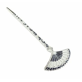 Painted Enamel Crystal Flower Floral Wedding Bridal Evening Chopstick Accessory Hair Stick Pin Chinese Fan (White With Navy)