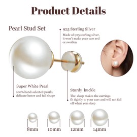 4 Pairs Pearl Stud Earrings 14K Plated Gold Sterling Silver Post Hypoallergenic Earring stud Round Large size Simulated pearl 8mm-14mm Set Earrings for women