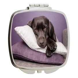 Island Gifting - 4 Inch Ceramic Tile Art - Labrador Dog on Purple Pillows - Square Compact Mirror - Travel Mirror