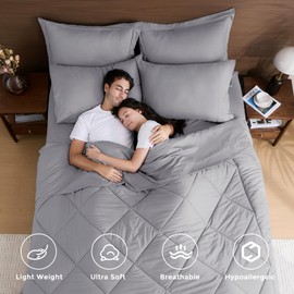 HEVUMYI Light Grey King Comforter Set - 7-Piece All Season Bed in a Bag King, Ultra Soft Bedding Set with Comforter, Flat Sheet, Fitted Sheet, Pillowcases, Pillow Shams, Light Gray