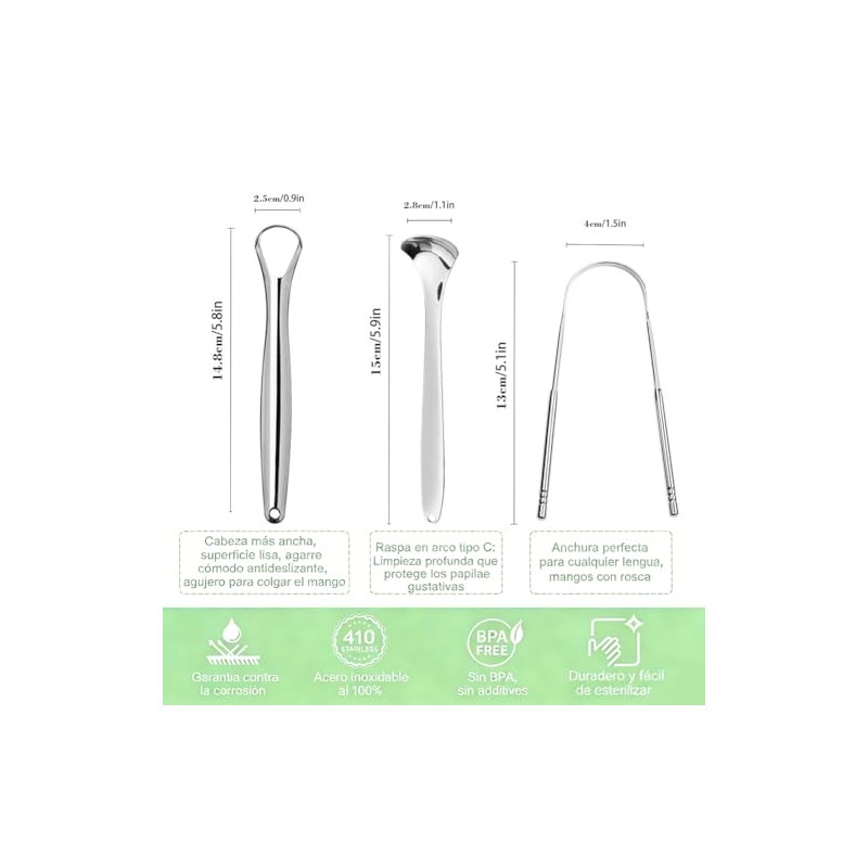 Set de 3 Limpiador de Lengua, Raspador de Lengua Acero