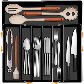 Homecor Silverware Organizer - Expandable Kitchen Drawer Organizer, 3" High Utensil Holder, BPA Free Flatware and Cutlery Tray for Spoons Forks Knives, Plastic Kitchen Organizer and Storage, Black